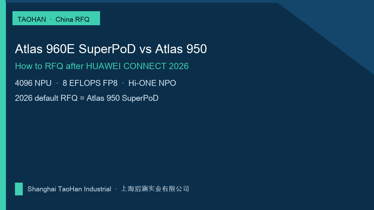 TAOHAN RFQ map: Atlas 960E SuperPoD versus Atlas 950 SuperPoD after HUAWEI CONNECT 2026. 4096 NPU, 8 EFLOPS FP8, Hi-ONE NPO. 2026 default RFQ is Atlas 950.